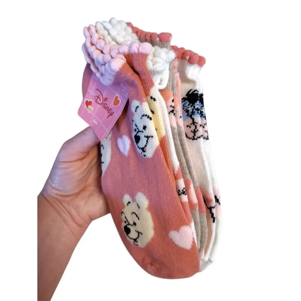 Disney Pink‎ White Winnie the Pooh 5 Pairs Ruffled Ankle Socks NWT